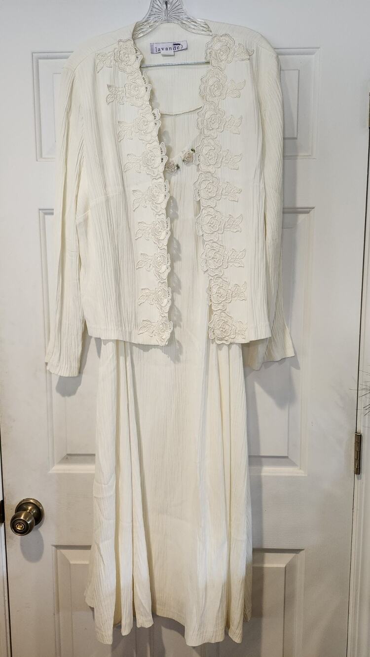 VTG Lavande Ivory Crinkle Dress Set Size 16W Jacket Floral Lace Cottagecore #269